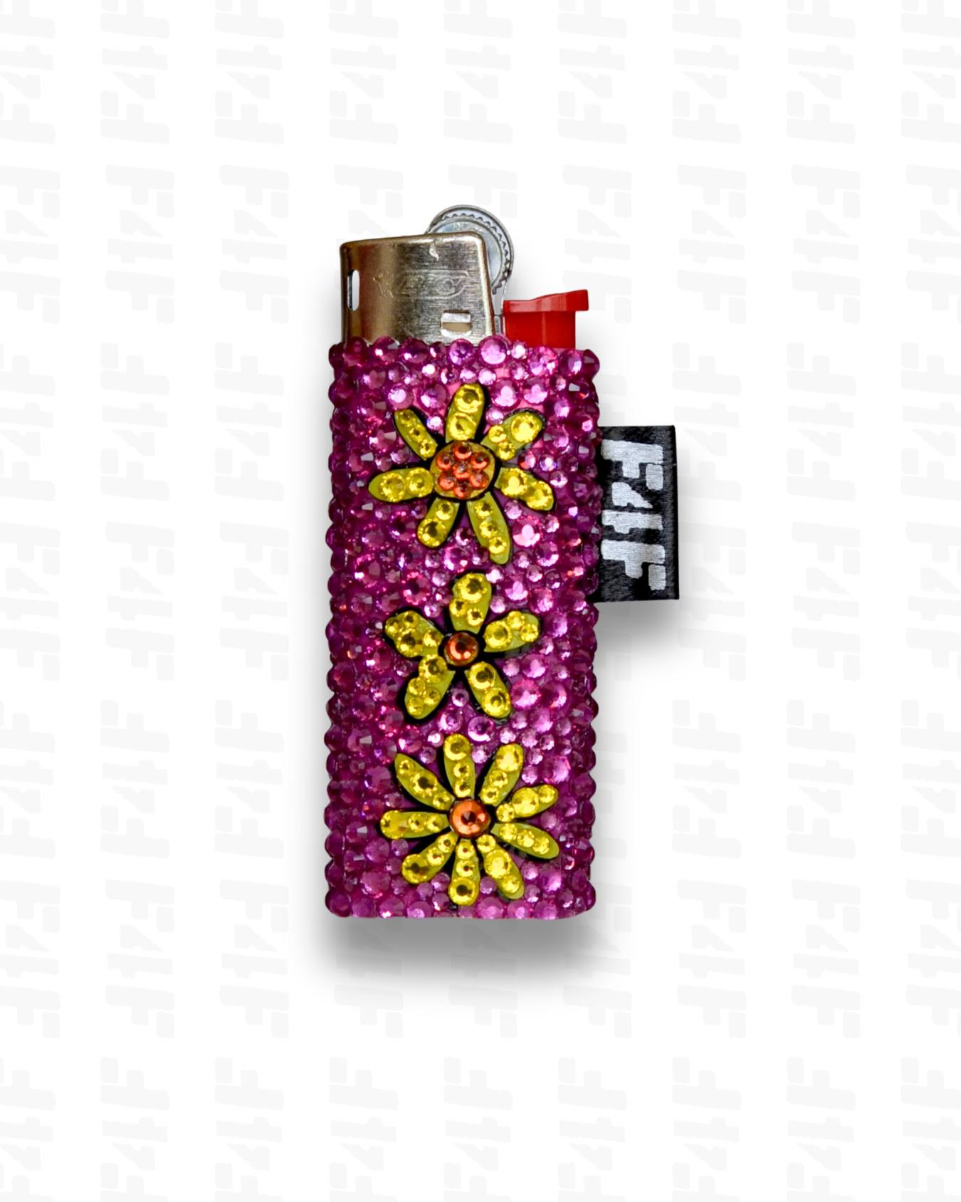 Rhinestoned lighter with pink floral design on a white background
